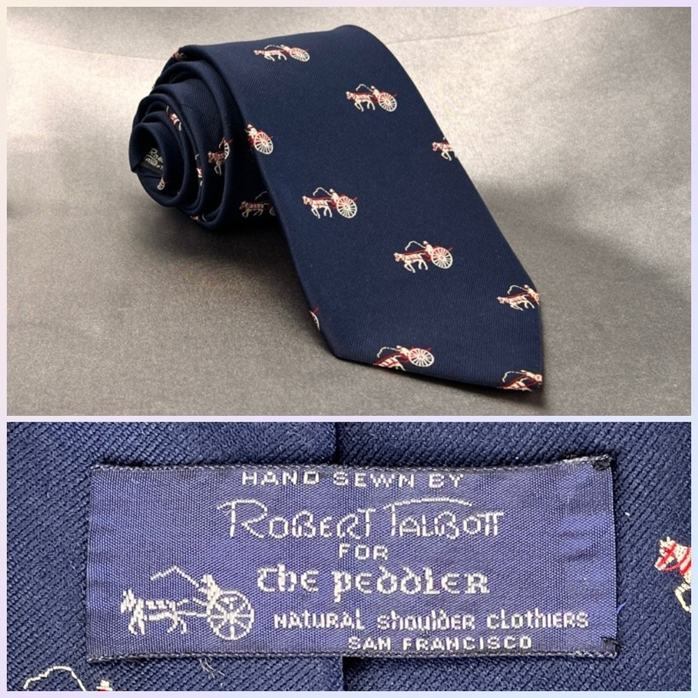 Robert Talbott The Peddler Navy Silk Horse Carriage Sulky Tie Hand Sewn USA VTG